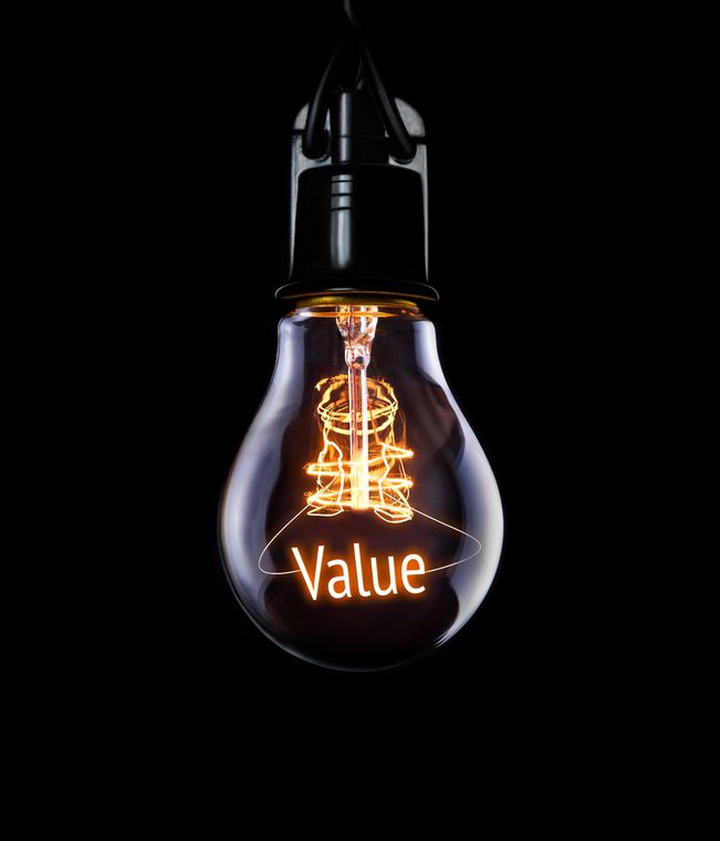 A light bulb with the word value written on it