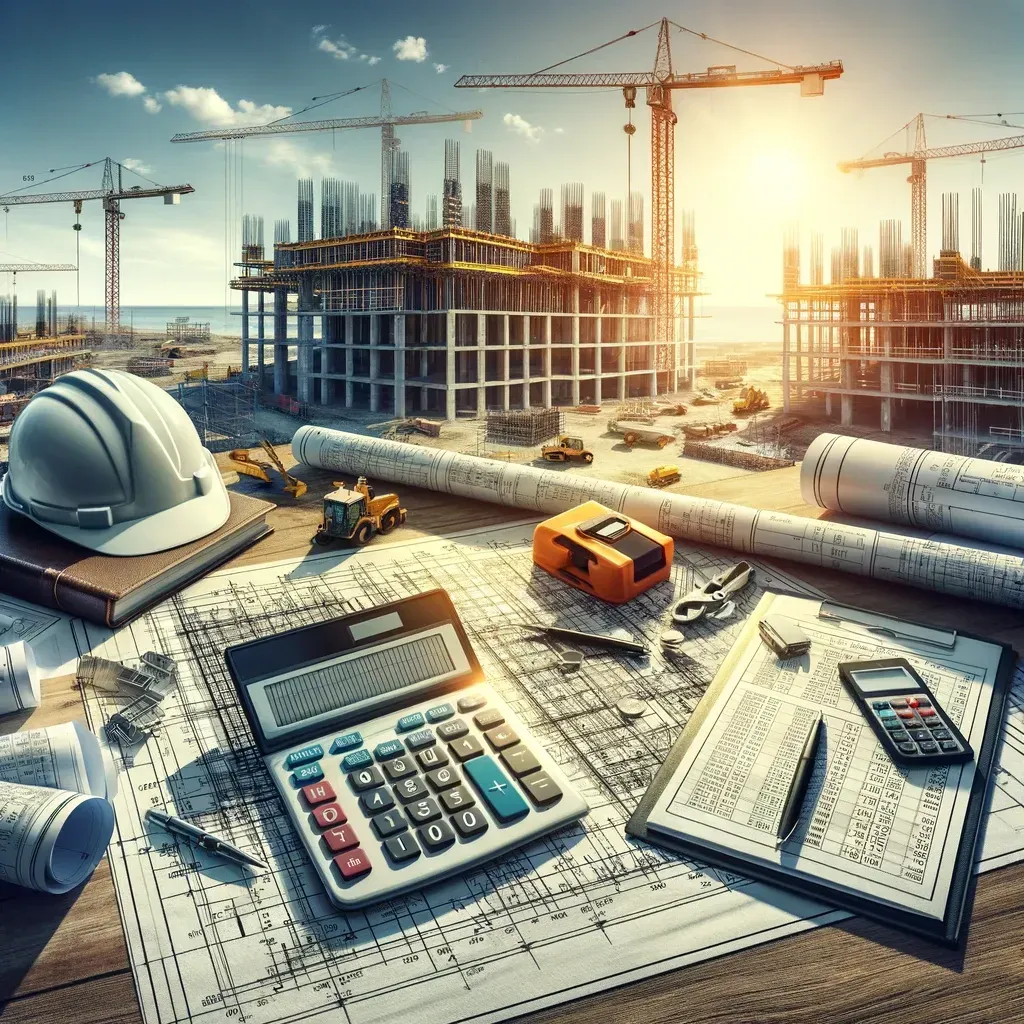 A construction site with a calculator , hard hat , and blueprints on a table.