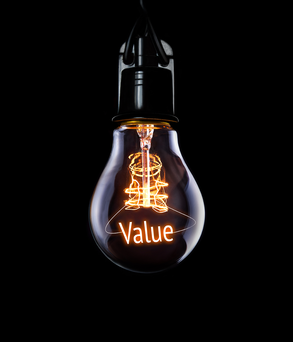 A light bulb with the word value written on it