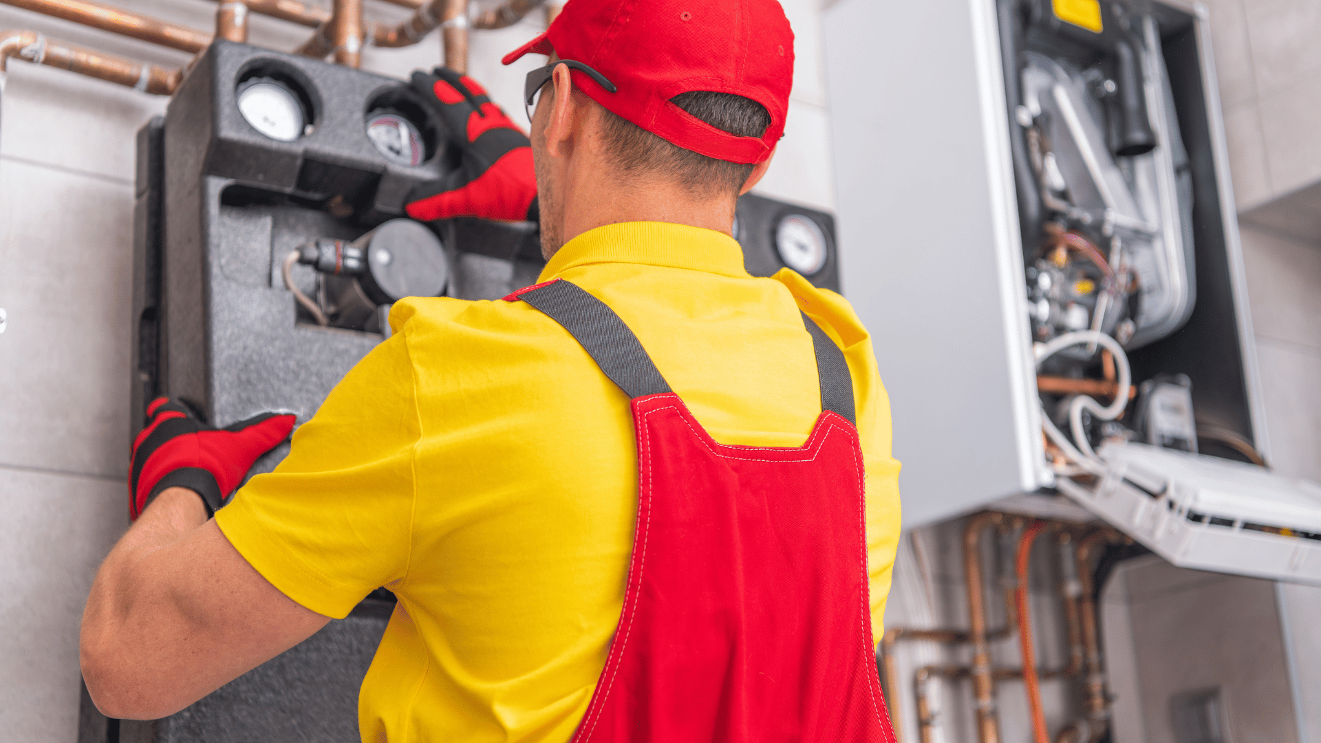 Plumber inspects water heater with a flashlight in a bathroom.