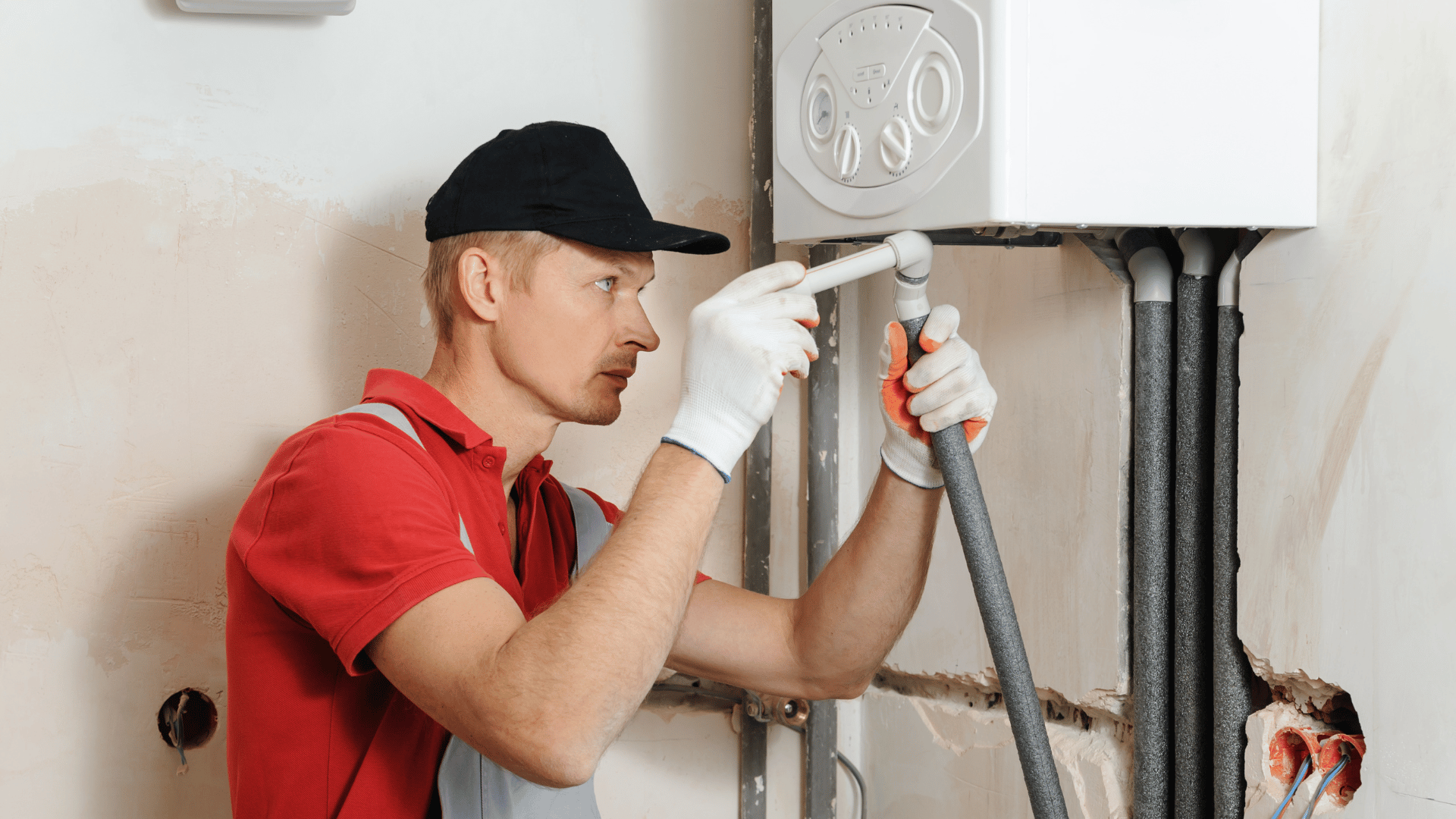 Plumber inspects water heater with a flashlight in a bathroom.