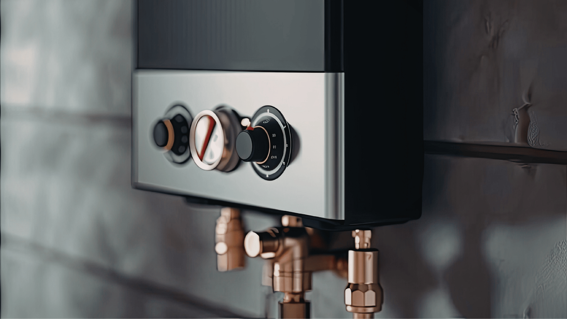Man in gloves and safety glasses repairs water heater in a room.