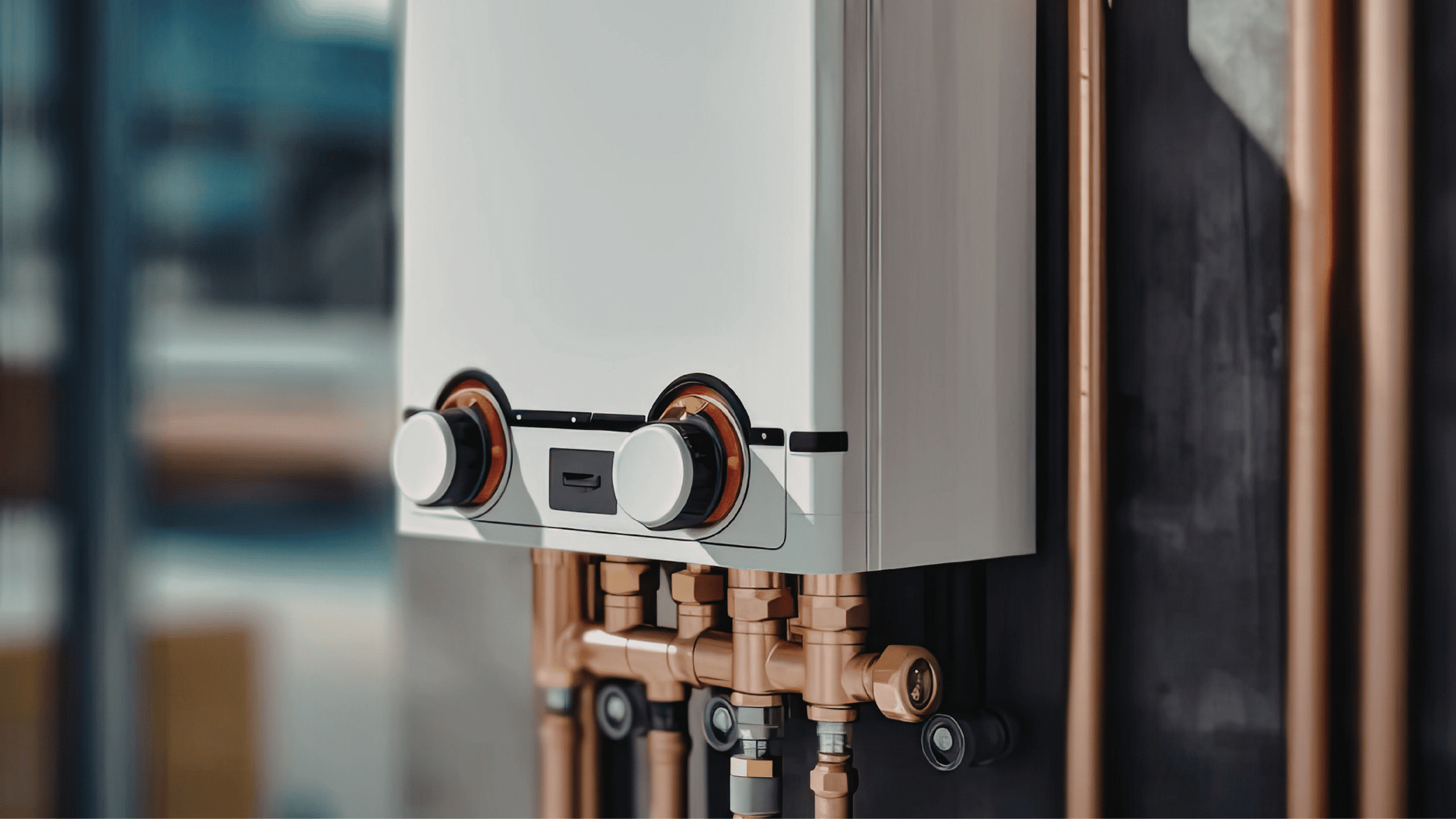 Person working on a white water heater, using a tool.