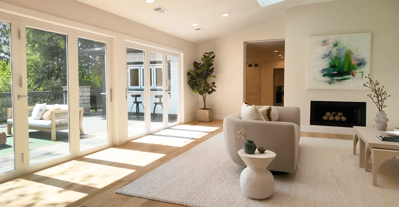 A bright, minimalist living room with beige furniture, a large abstract painting, and floor-to-ceiling glass doors.