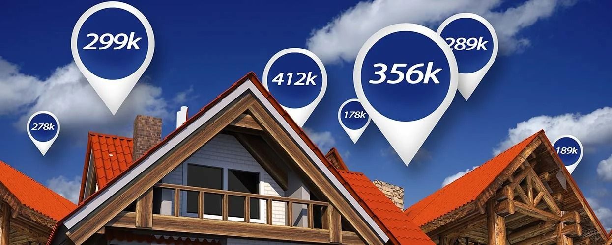 A house with a red roof sits under a blue sky, surrounded by floating location pins displaying various price values.