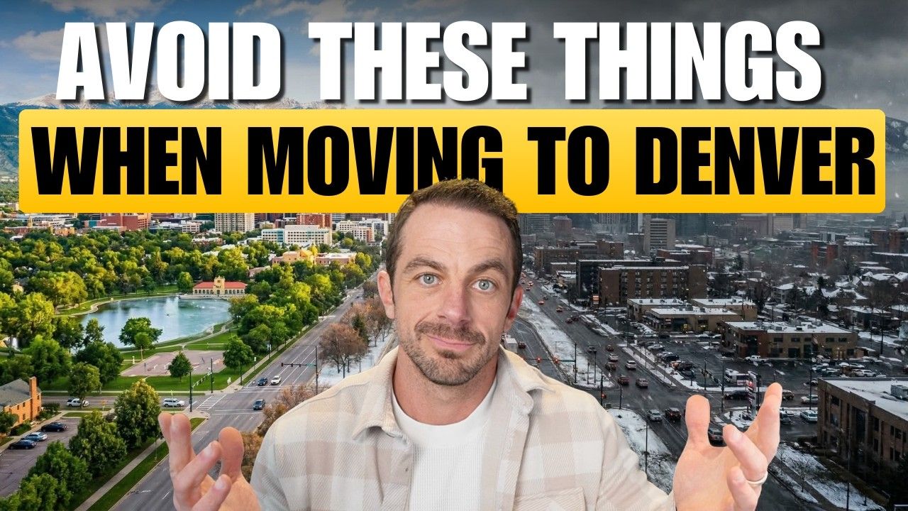 A man stands before a split-screen backdrop of Denver showing a lush summer park on the left and a snowy city on the right.