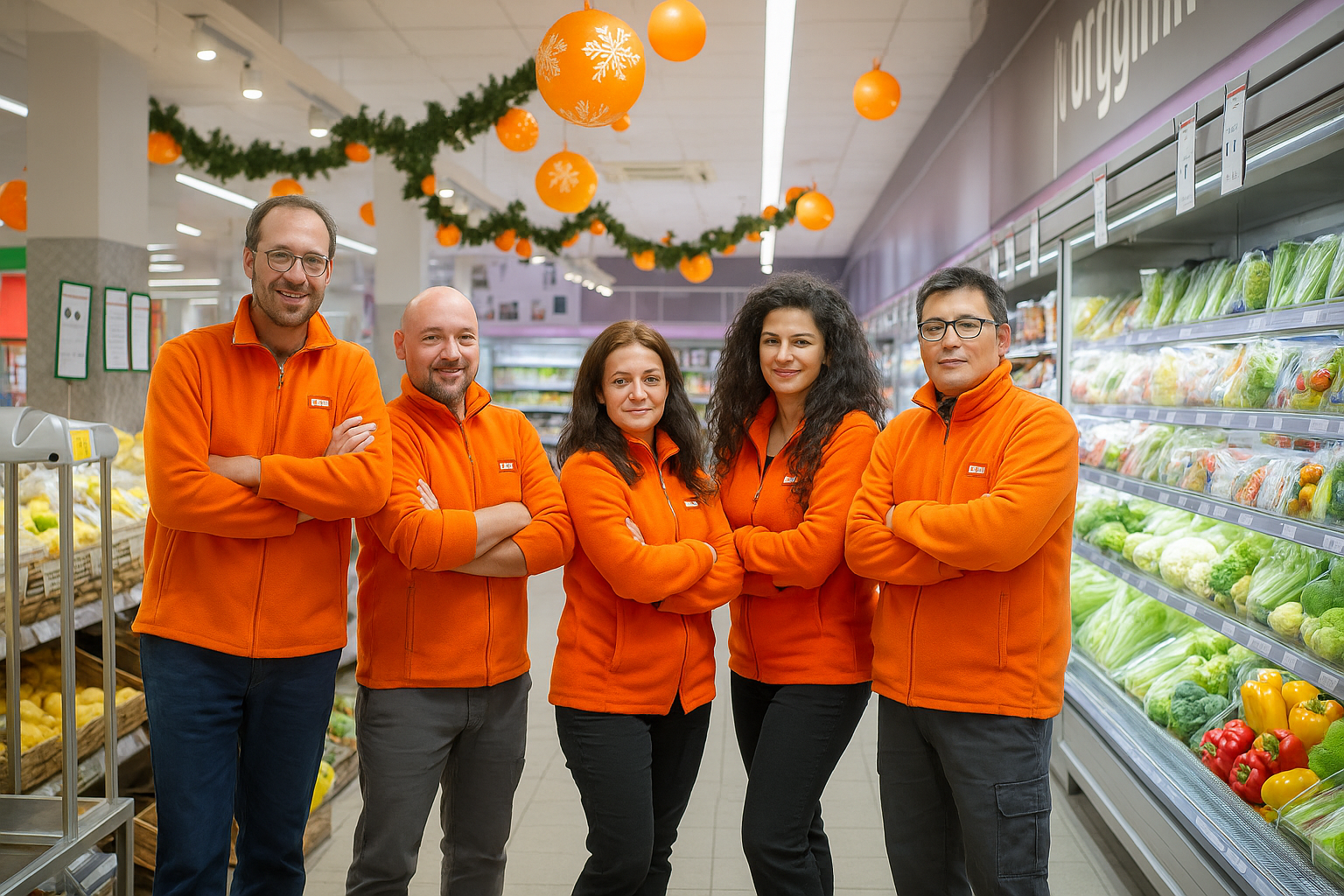 Un gruppo di persone con giacche rosse posa per una foto nel supermercato ECU.