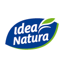 Logo per Idea Natura: forma di foglia blu con testo bianco e una foglia verde.