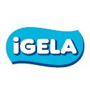 Logo iGELA: testo bianco su una macchia blu.