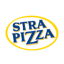 Logo Stra Pizza in testo blu all'interno di un ovale giallo.