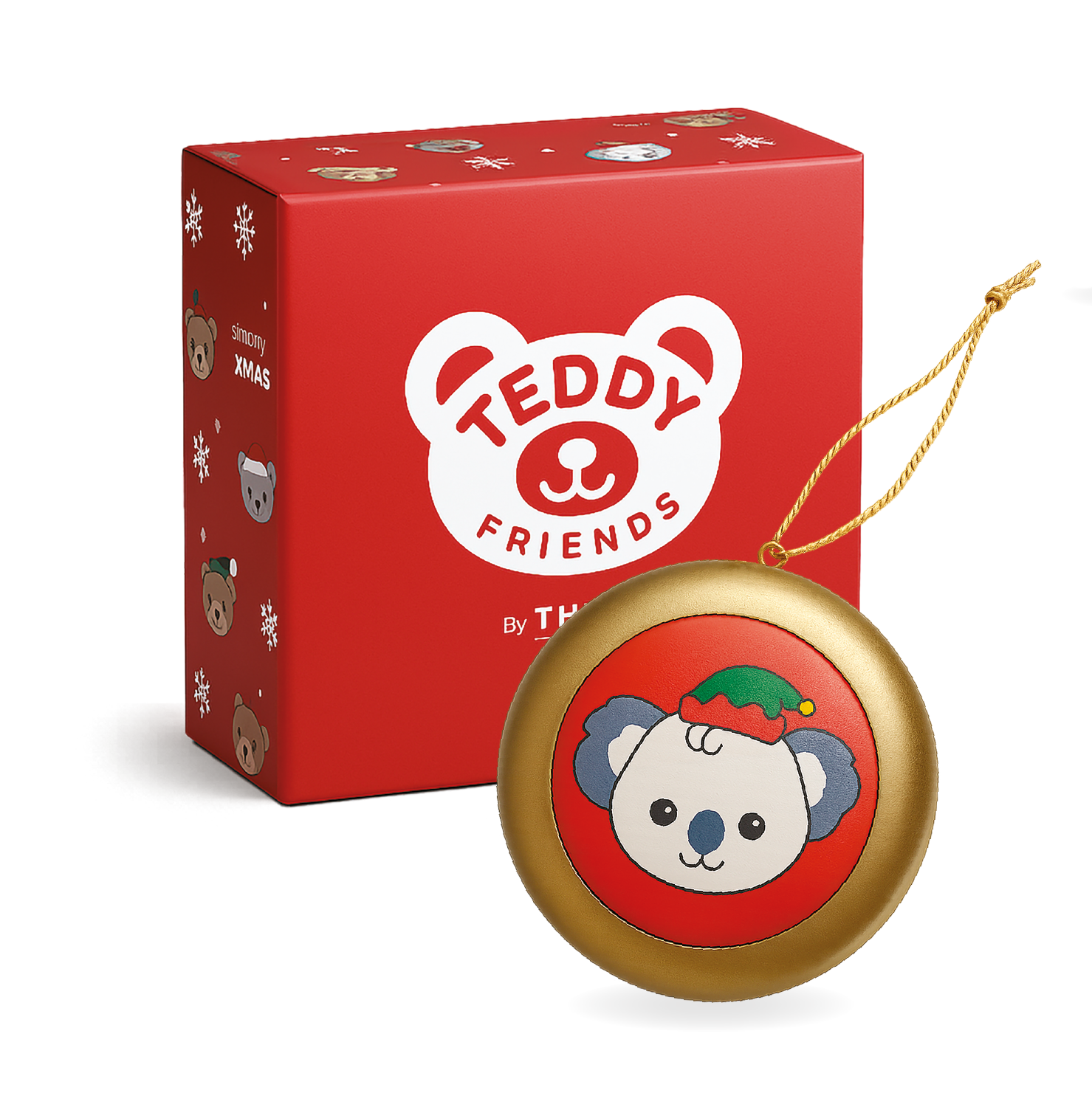 Scatola rossa con il logo Teddy Friends e una decorazione natalizia dorata raffigurante un koala.