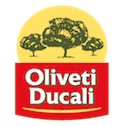 Logo di Oliveti Ducali: rettangolo rosso con testo bianco e sole giallo sopra gli ulivi.