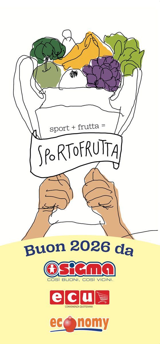 Locandina di Mani che reggono un trofeo traboccante di frutta, con la scritta "SPORTOFRUTTA". "Buon 2026 da" e loghi.