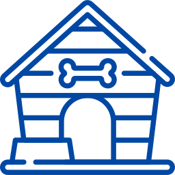 a blue line drawing of a dog house with a bone on the roof .