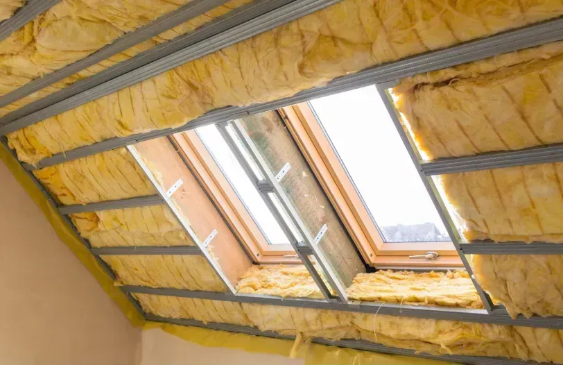 Un soffitto con una finestra e isolamento.