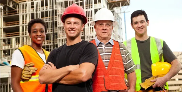 Un gruppo di operai edili posa per una foto davanti a un edificio in costruzione.