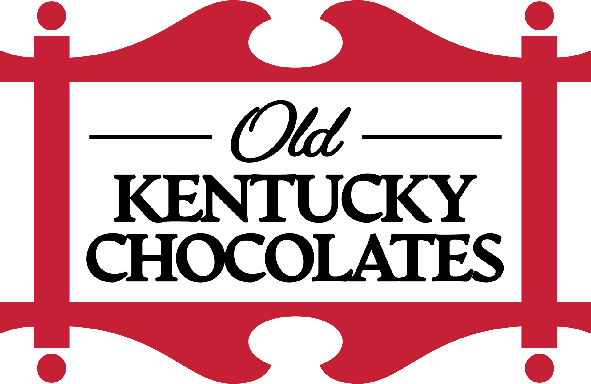 Logo for Old Kentucky Chocolates, white text on red frame.