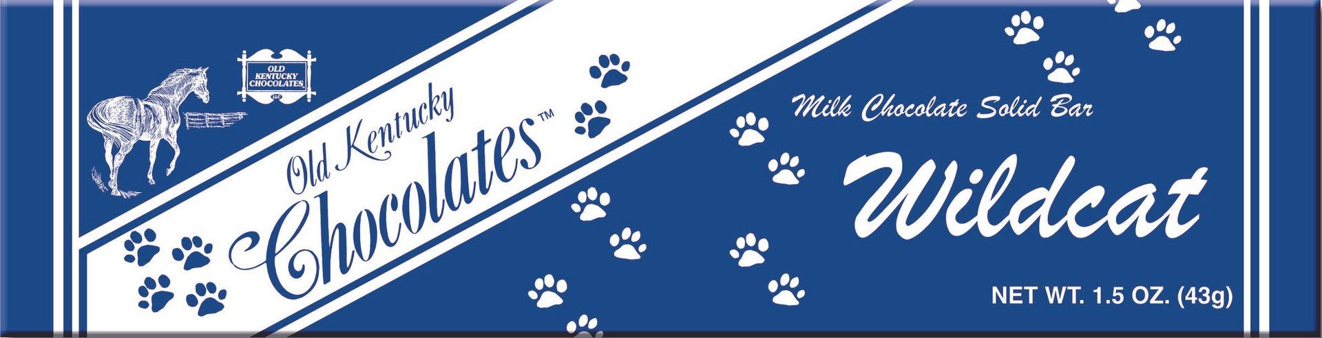 Kentucky Chocolates Wildcat bar with white paw prints on a dark blue background.