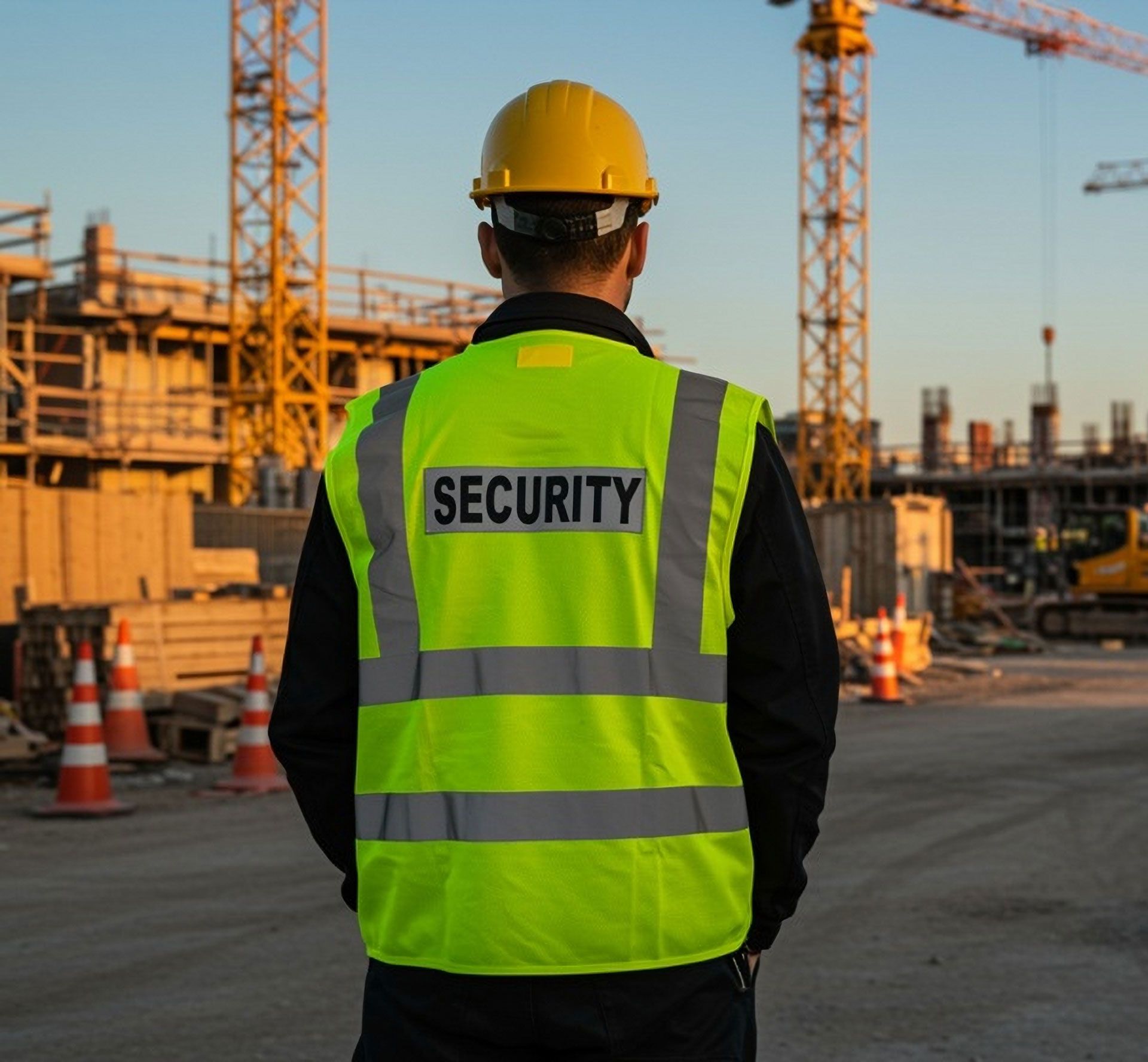 Security guard in a yellow vest and hard hat at a construction site.