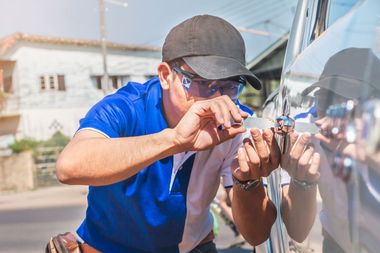 A man is using a key to open a car door.