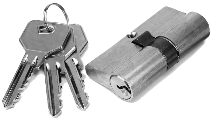 A bunch of keys and a lock on a white background