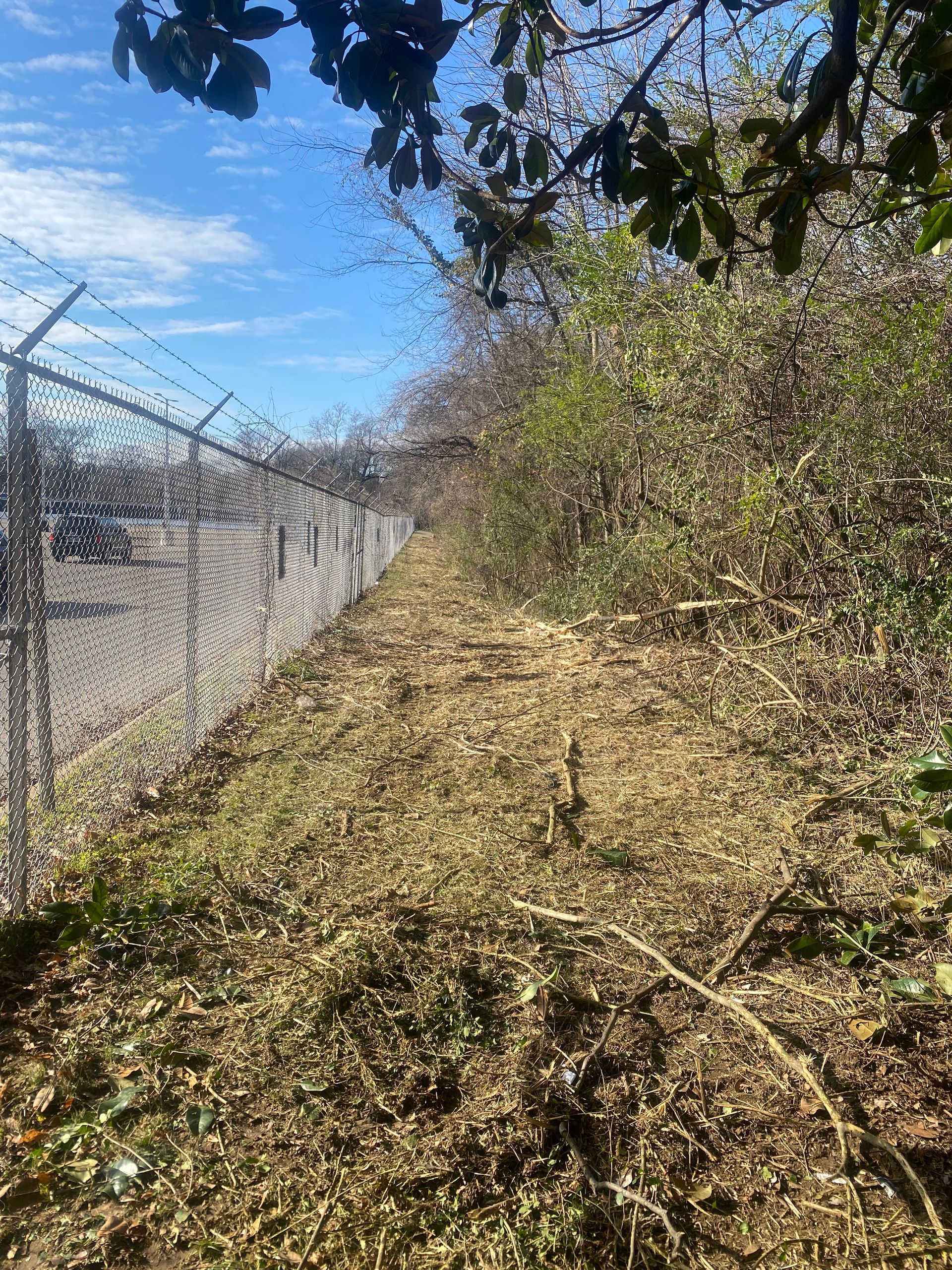 A chain-link fence with barbed wire borders a pathway lined with overgrown brush under a partly cloudy sky.