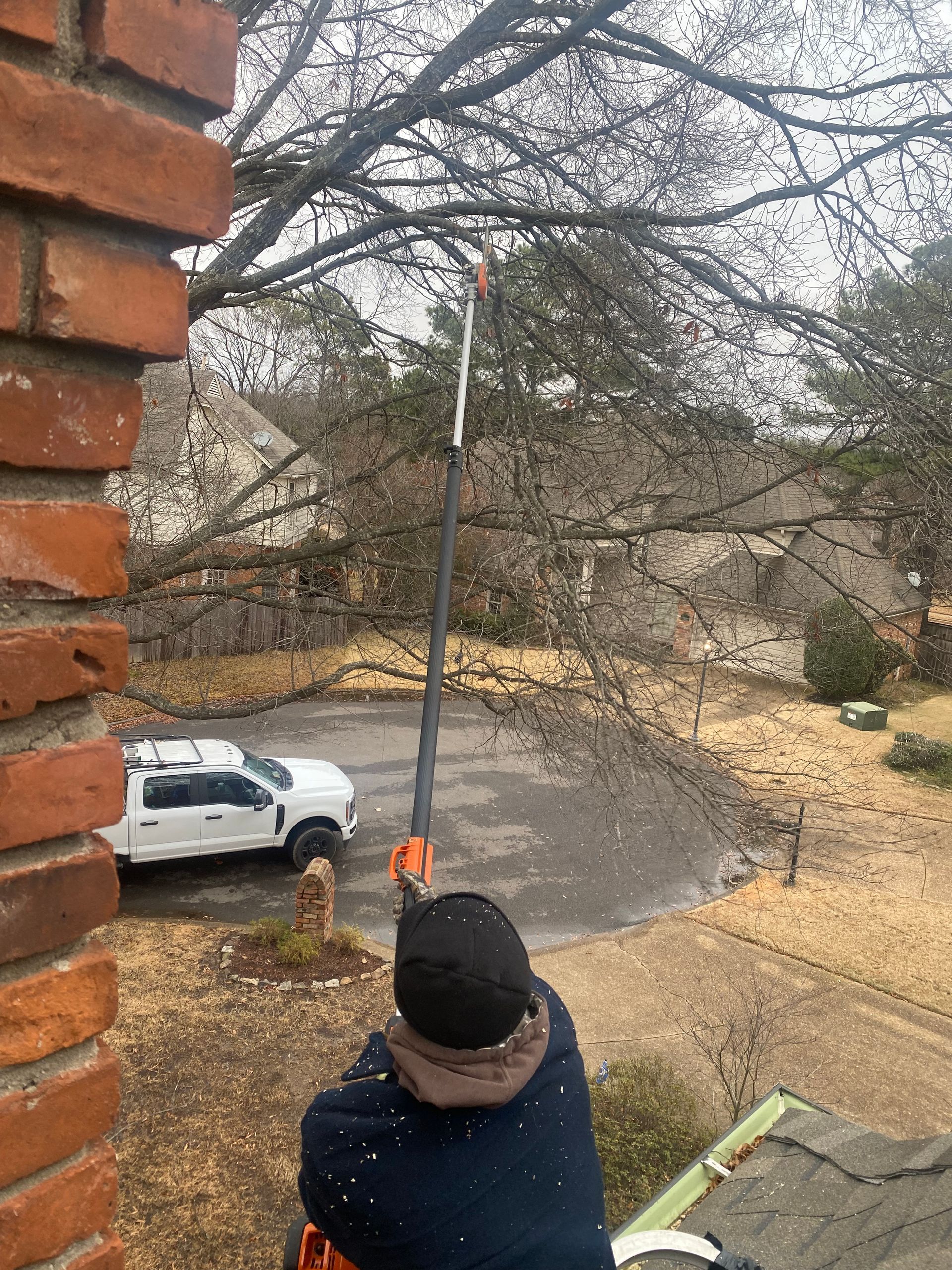 Person on a roof trimming a tree with an extended pole saw near a brick chimney and a white truck.