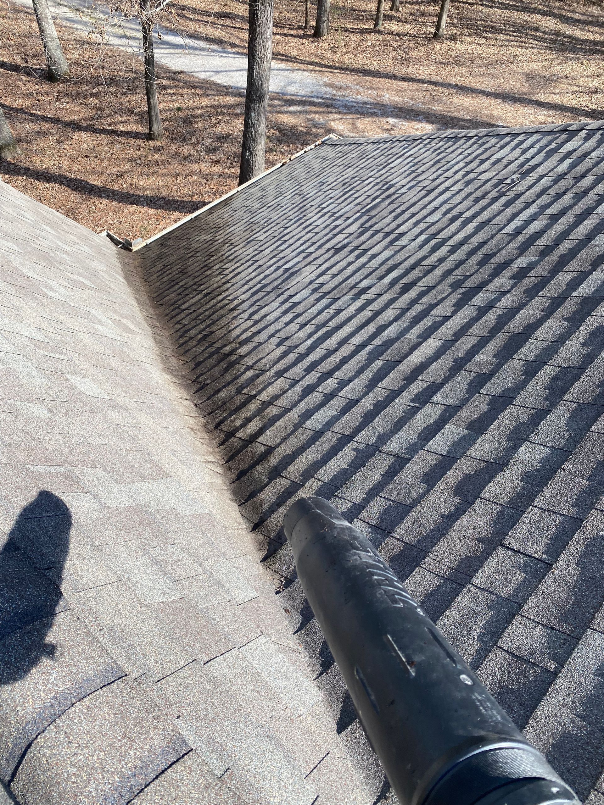 A person blowing debris from a gray shingle roof with a black leaf blower; trees and brown leaves in the background.