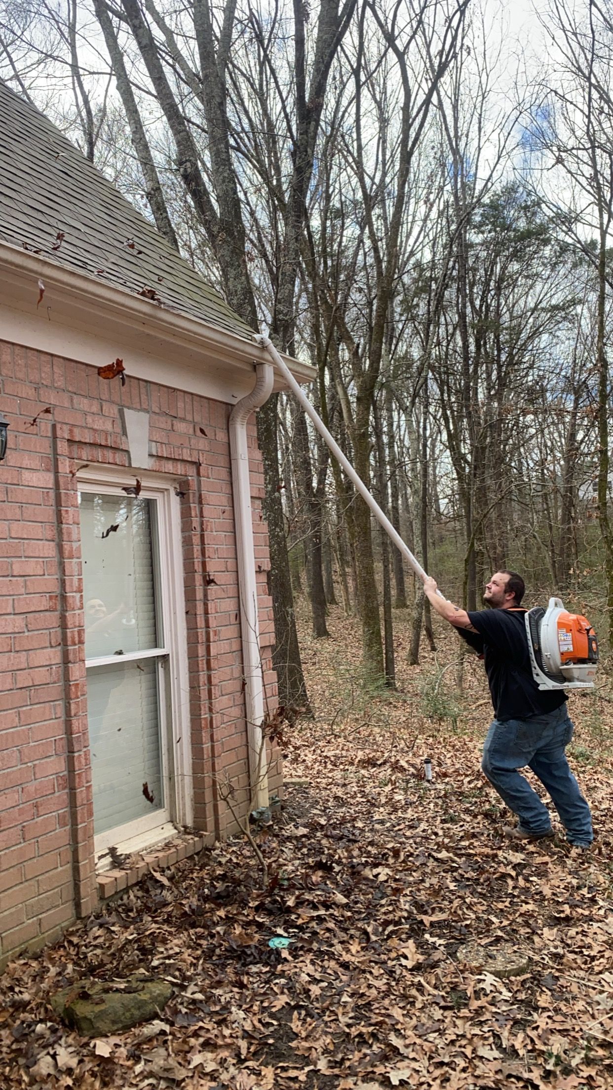 A man uses a leaf blower with an extension to clean leaves from a gutter on a brick house, in a wooded area.