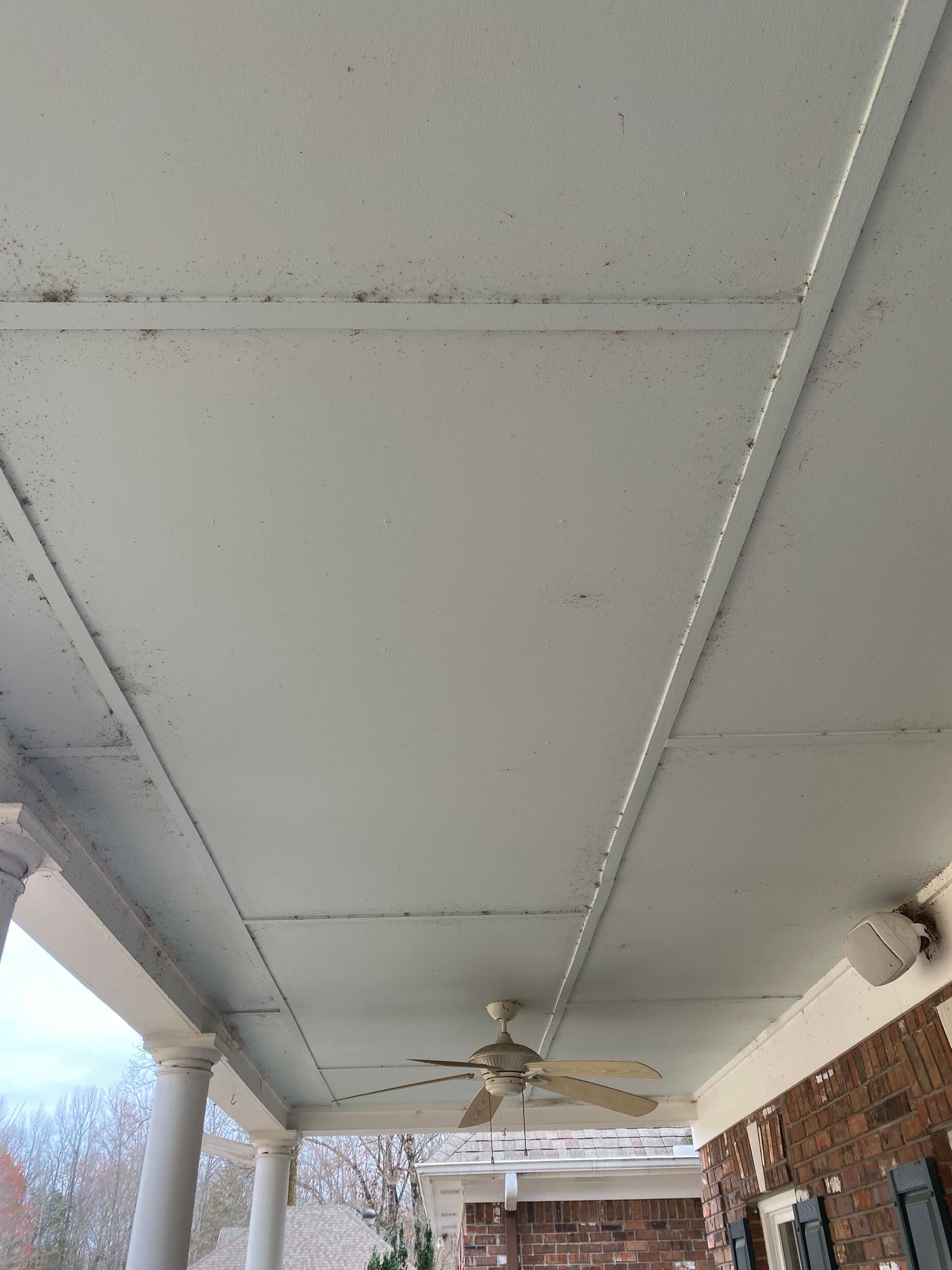 White porch ceiling with embedded lights, a ceiling fan, and dark spots, viewed from below.