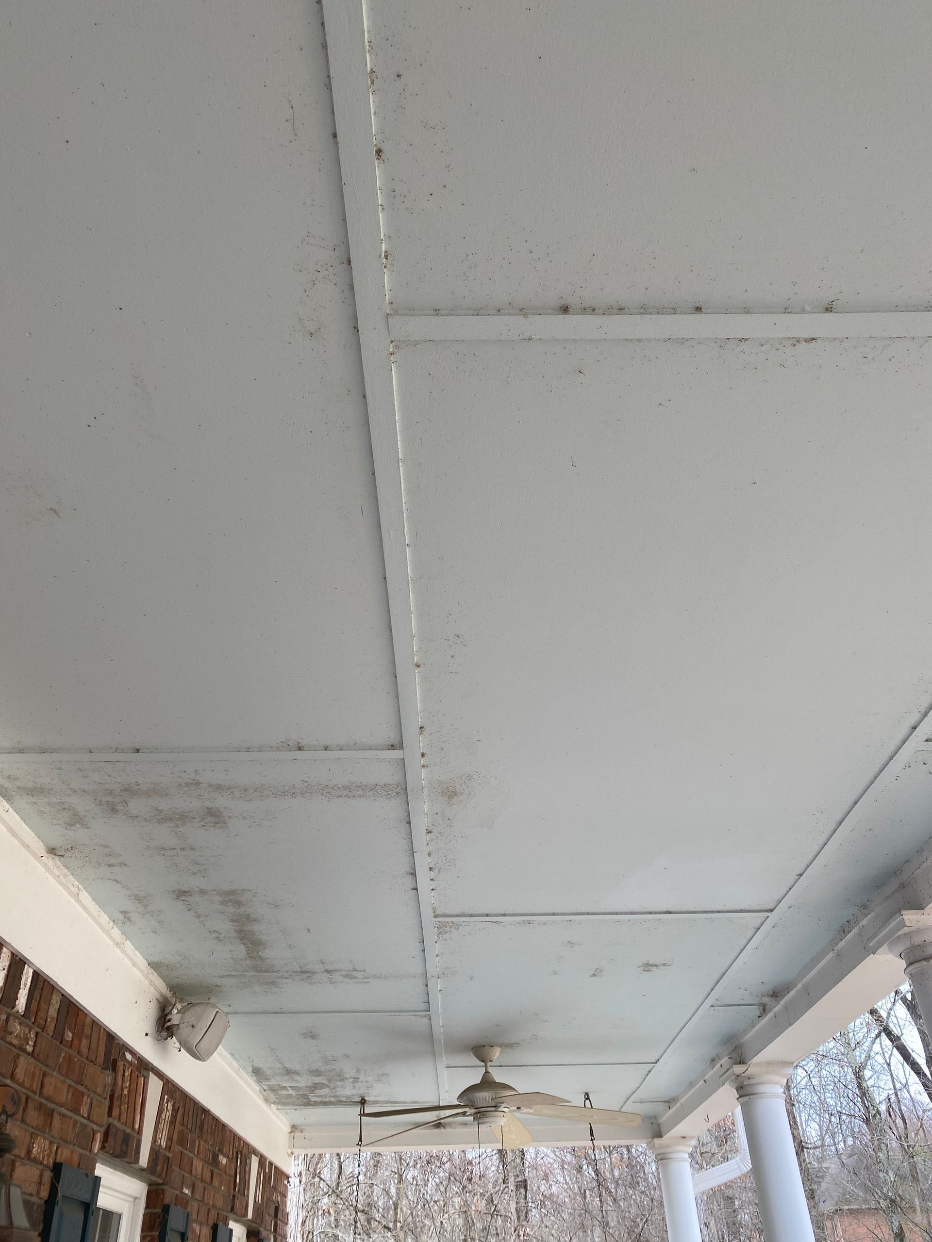 White porch ceiling with dark spots, a ceiling fan, and a brick wall.