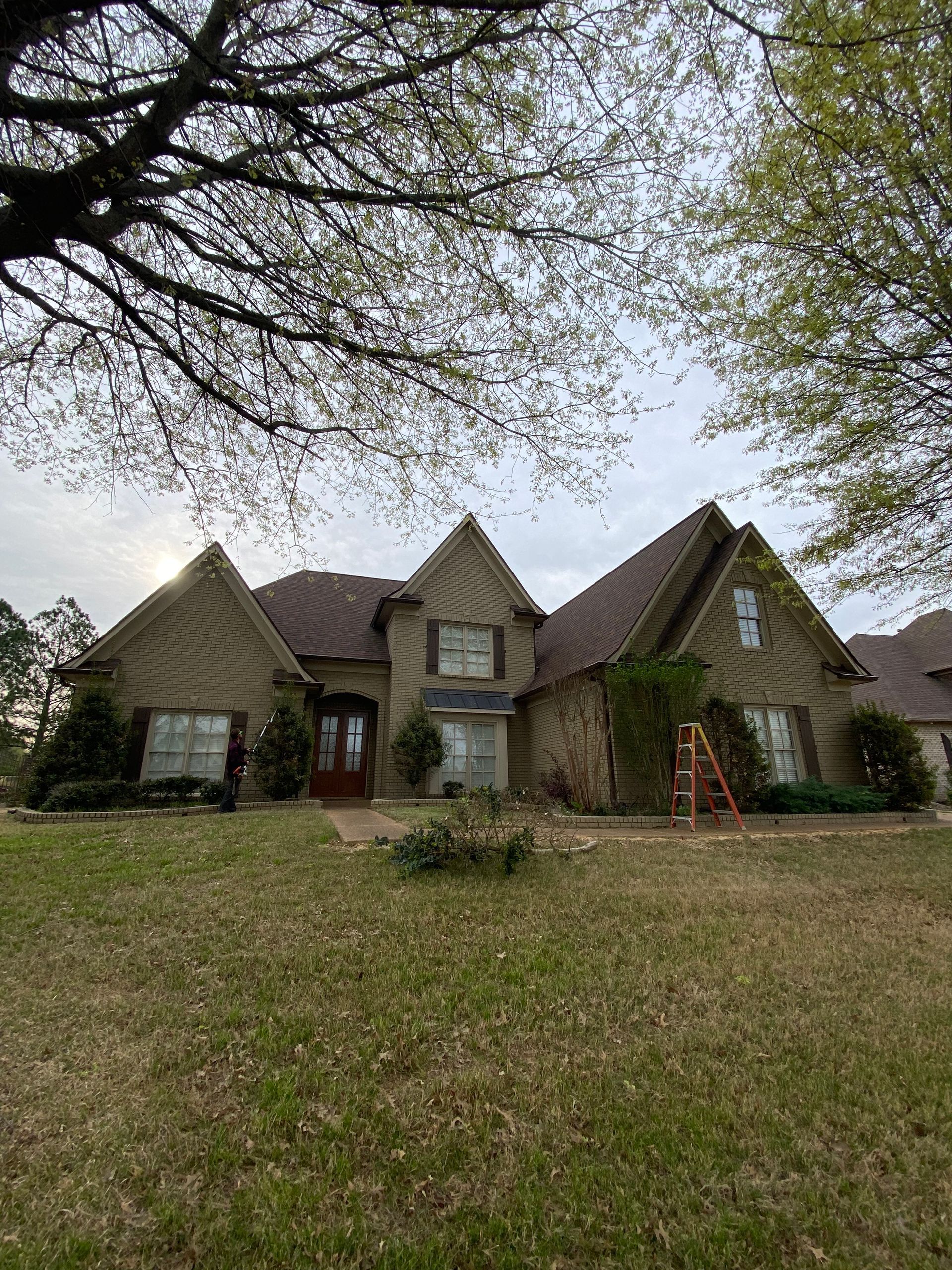 A house with brown siding and a brown roof sits under a cloudy sky, with a ladder visible near the right side.