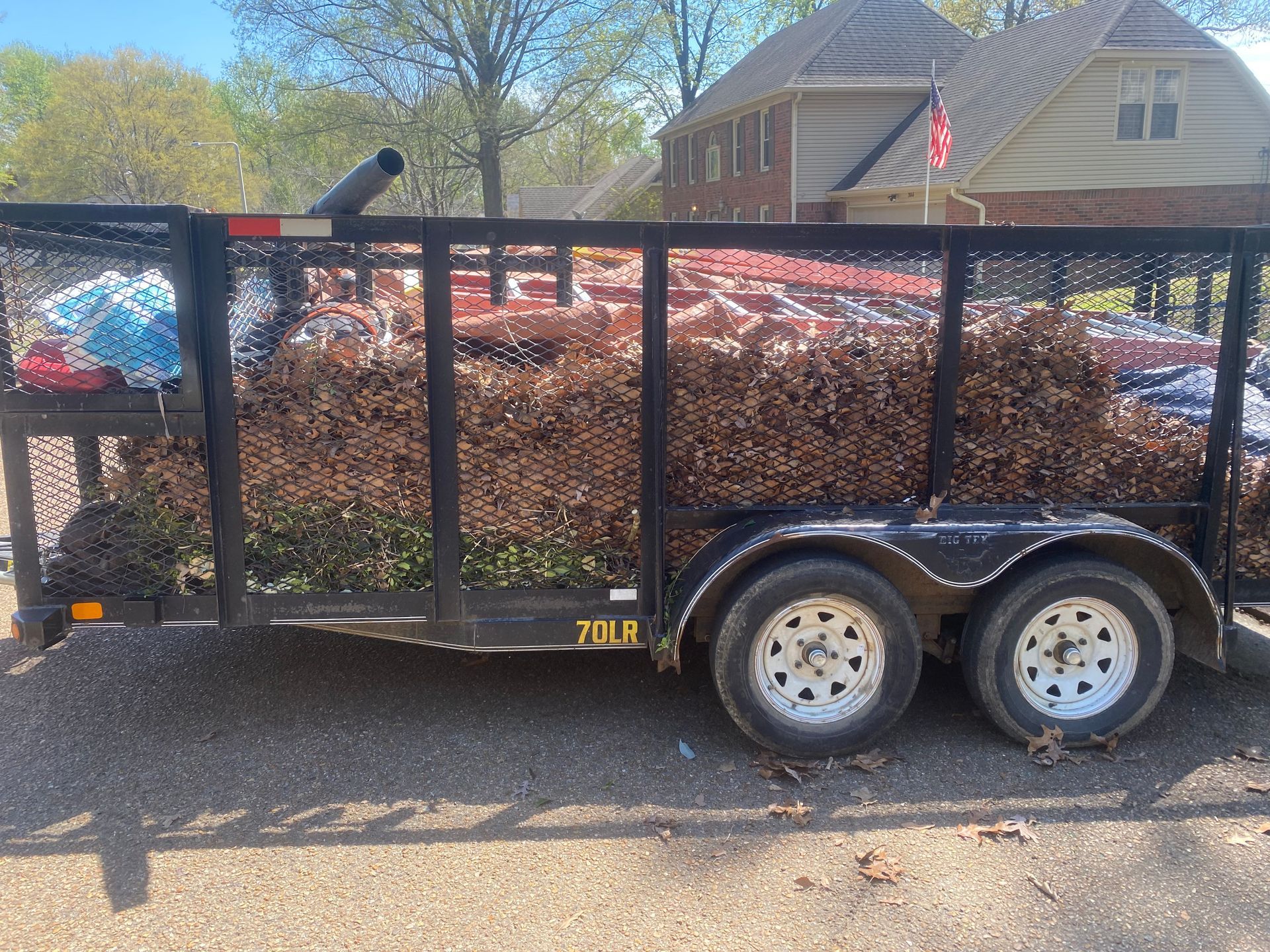 A trailer loaded with brown leaves and debris sits on a paved driveway in front of a two-story house.