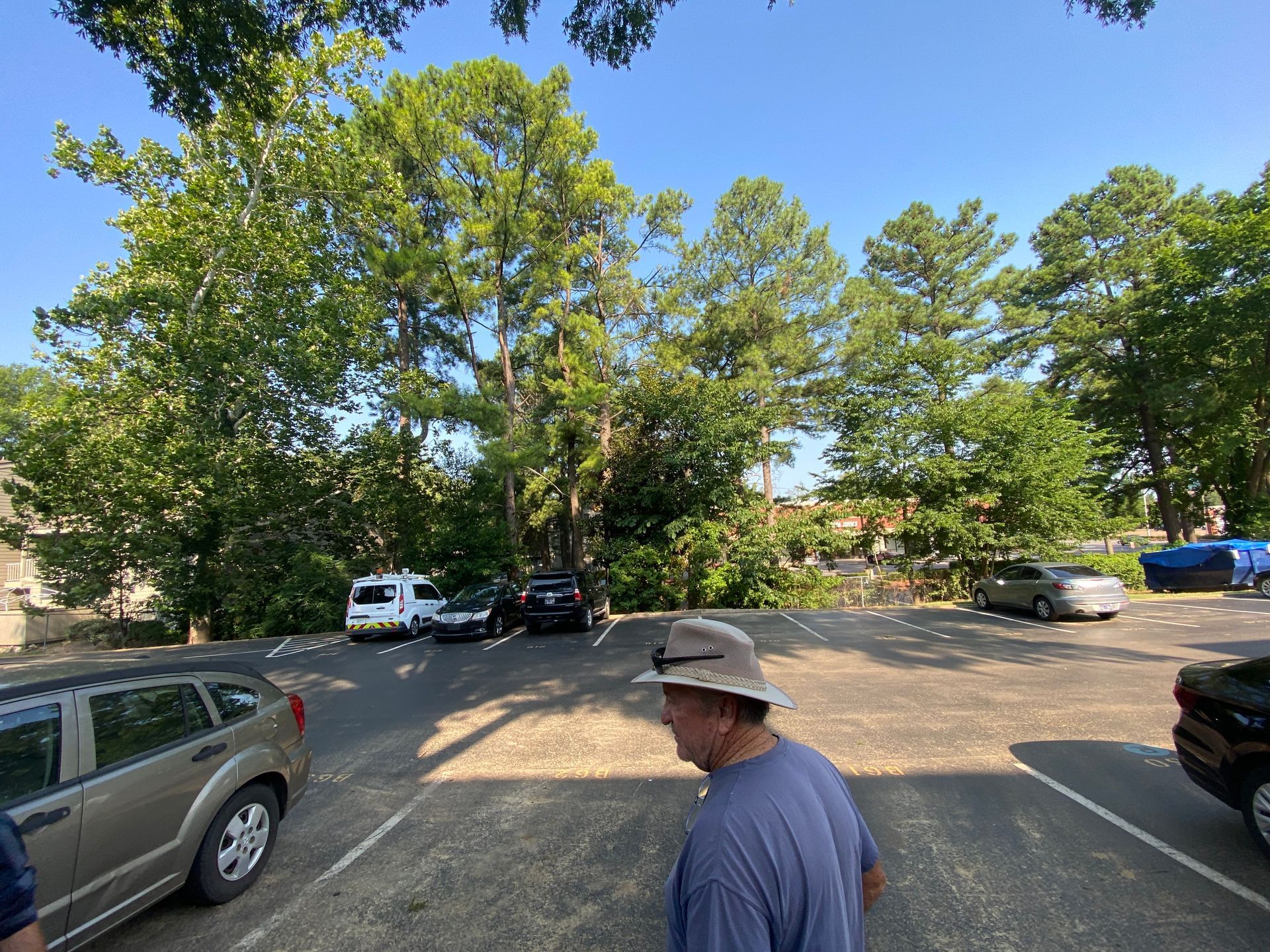 Man in hat walks in a parking lot filled with cars, in front of a line of trees against a blue sky.