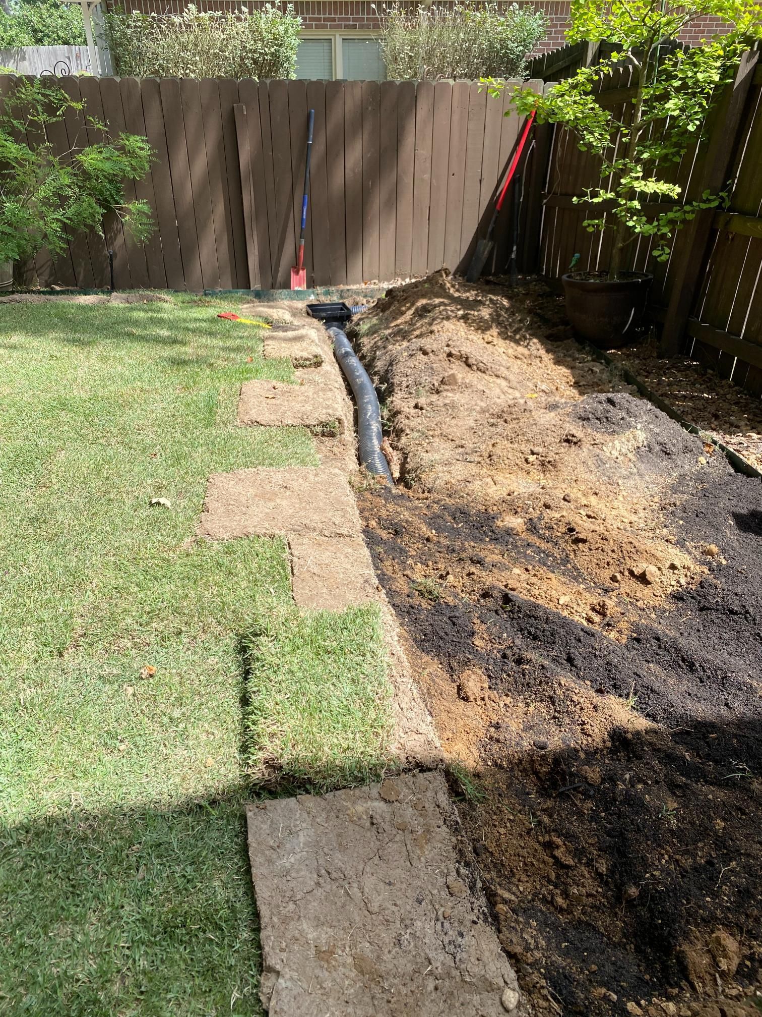 A trench in a backyard with black drainage pipe and sections of grass cut out. Brown fence and soil.
