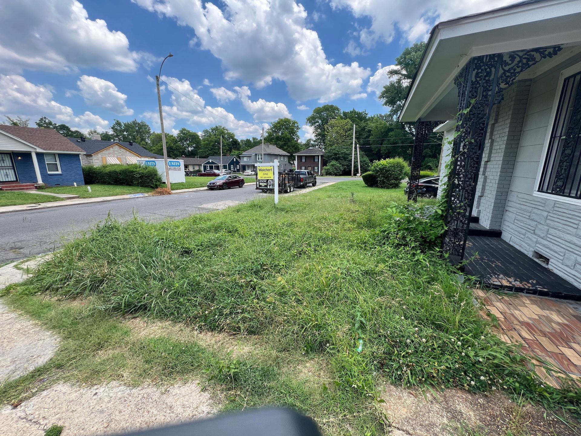 Overgrown front yard of a house on a residential street. The lawn is covered in weeds, and a for sale sign is visible.