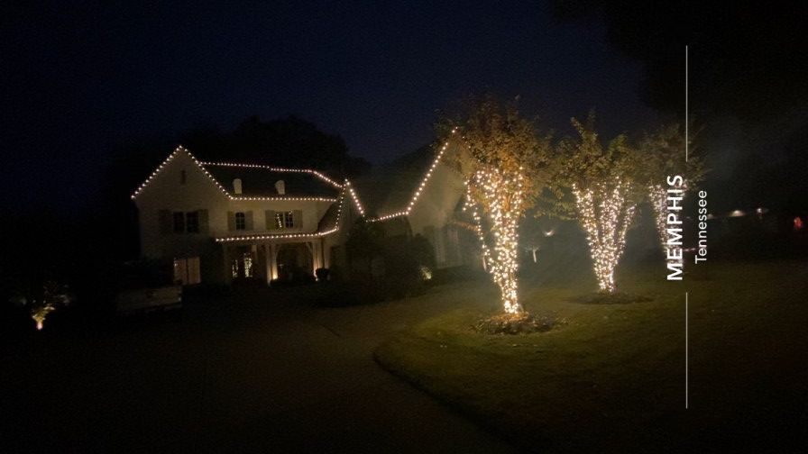 A house and trees illuminated with white lights at night in Memphis, TN.