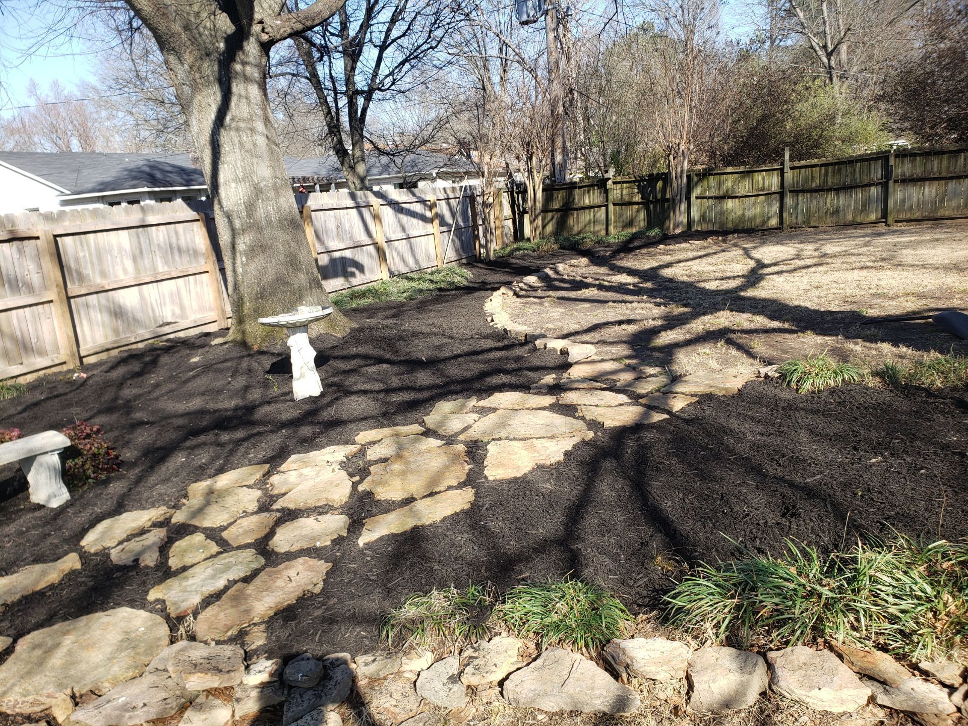 Backyard with a stone path, mulch, and a wooden fence. A tree casts shadows over the landscaped area.