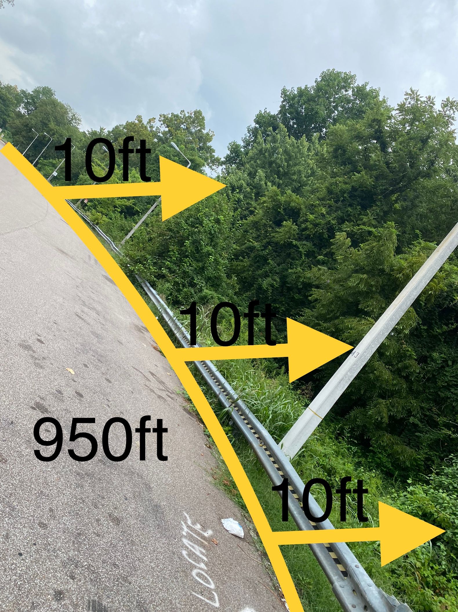 Road with a guardrail, shown from above. Three 10ft distances are marked along the road, with a 950ft length indicated, curving to the right with green trees in the background.