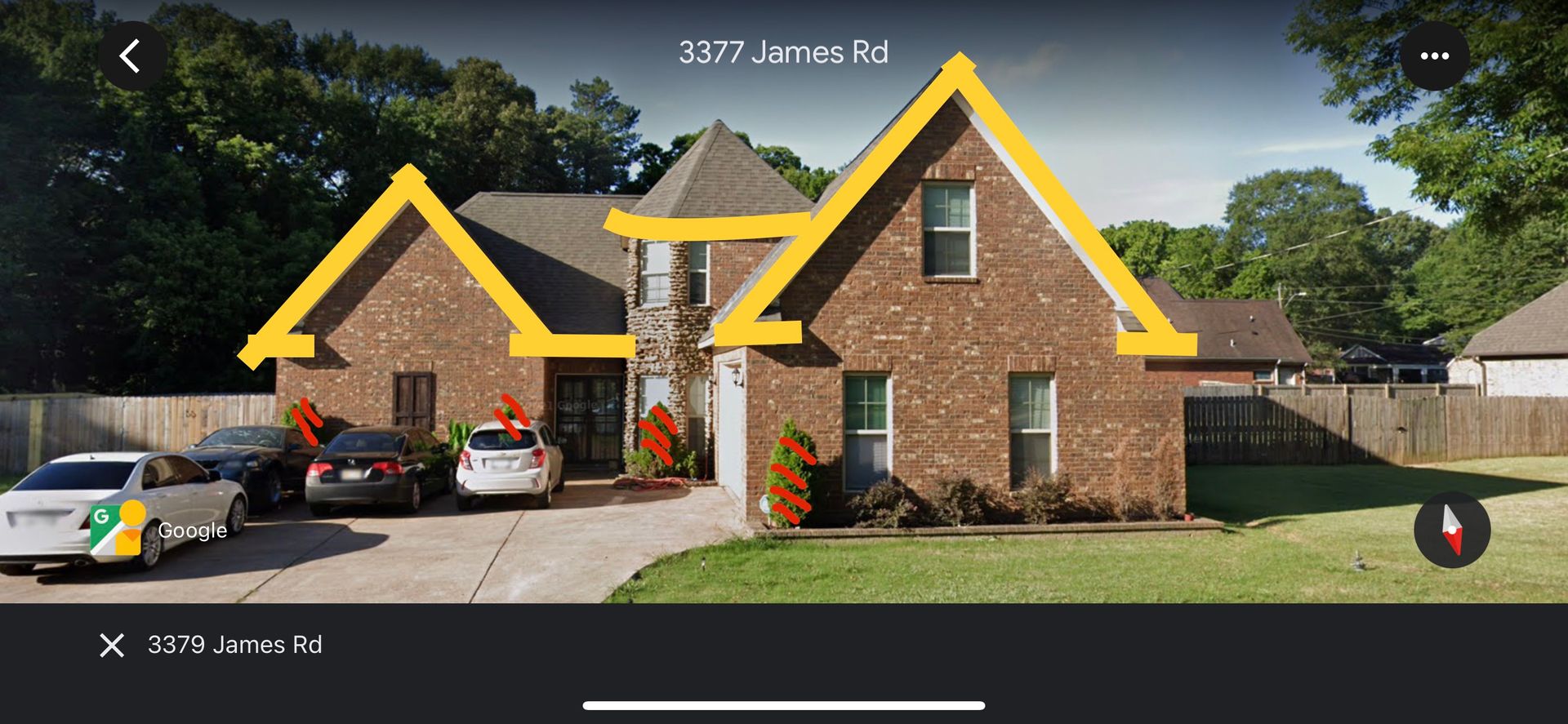 A brick house with a yellow roof and cars parked in the driveway, on a green lawn.  Address is 3377 Innis Rd.