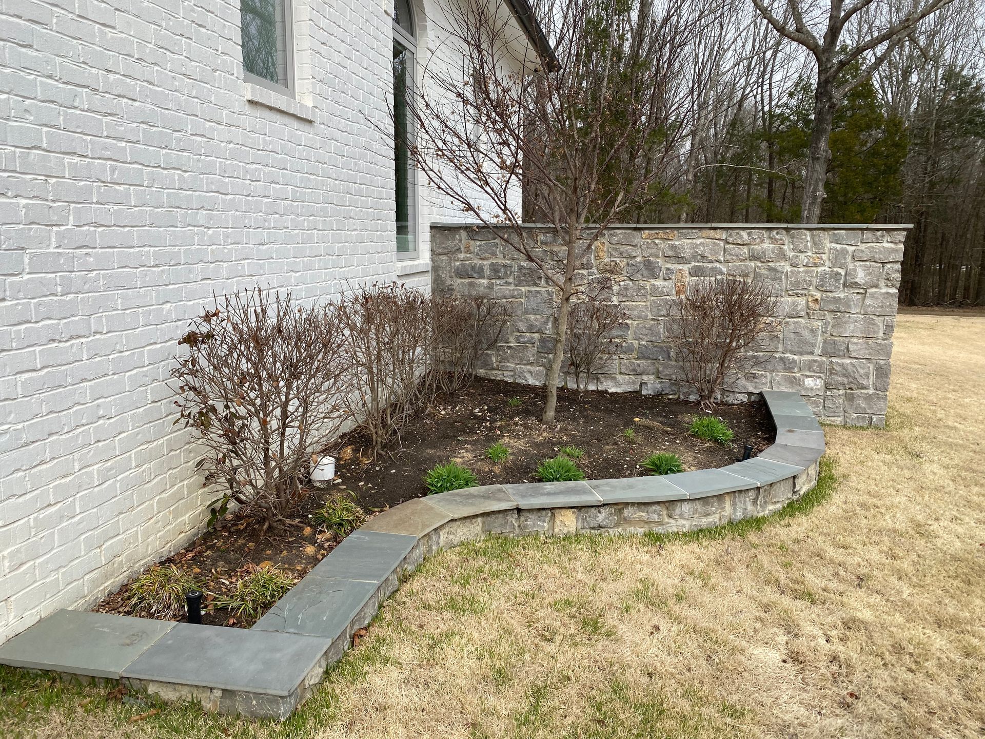 A stone-walled garden bed with a small tree and flowering plants next to a white brick building.