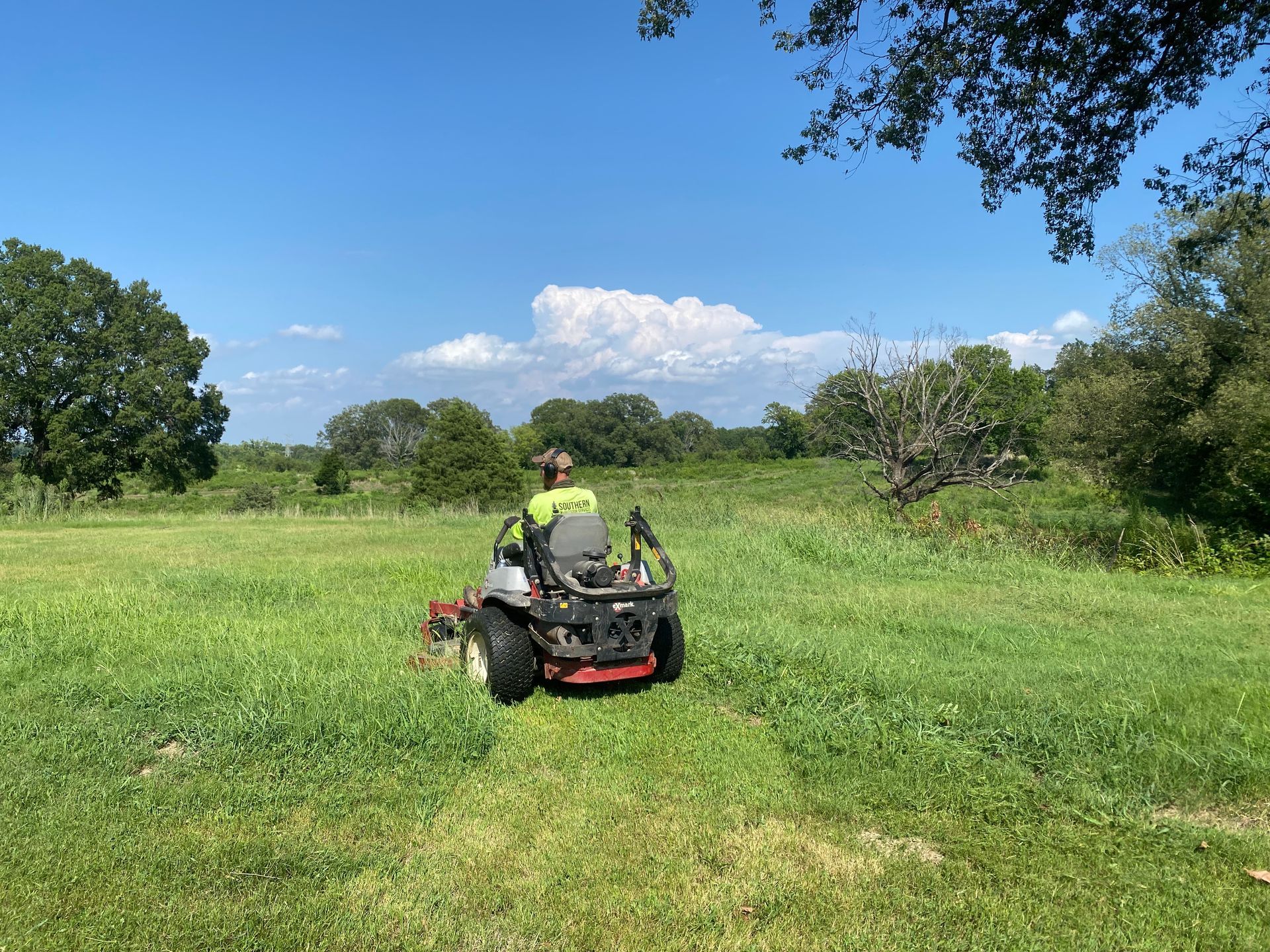 Person on a riding lawnmower cutting tall grass in a field on a sunny day. Trees and blue sky in the background.