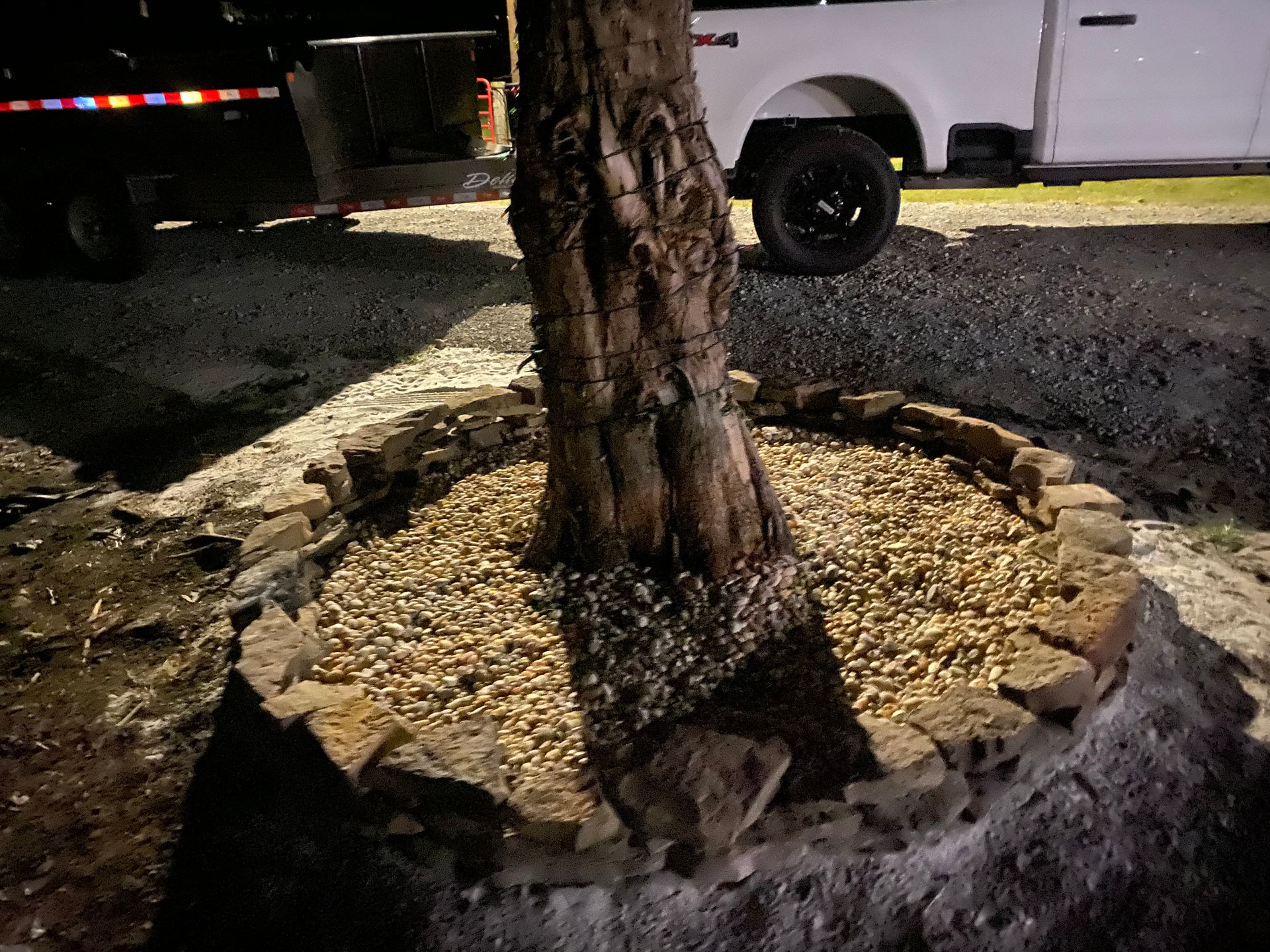 Tree trunk surrounded by a stone-lined bed of gravel, with a white pickup truck in the background.