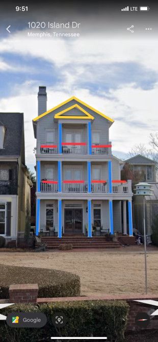 A three-story gray house with blue columns and red balcony railings, located at 1020 Island Dr, Memphis, Tennessee.