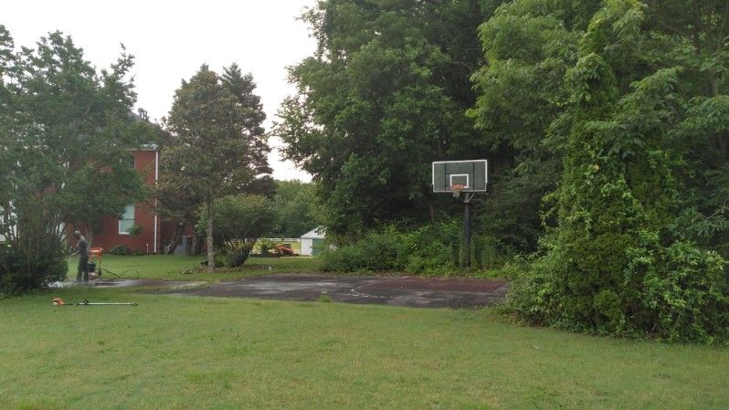 A basketball hoop in a backyard setting, trees in the background, a red brick house visible.