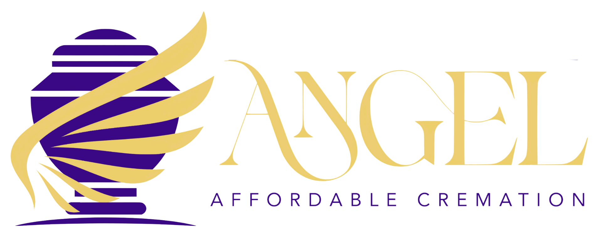 A logo for angel affordable cremation with a purple and gold urn