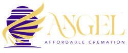 A logo for angel affordable cremation with a purple and gold urn