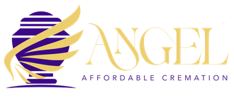 A logo for angel affordable cremation with a purple and gold urn