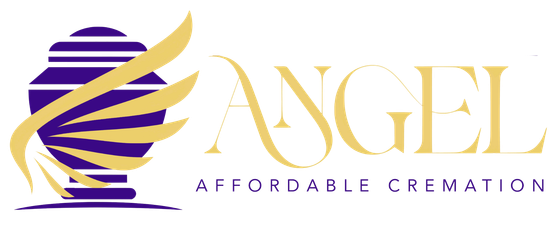 A logo for angel affordable cremation with a purple and gold urn