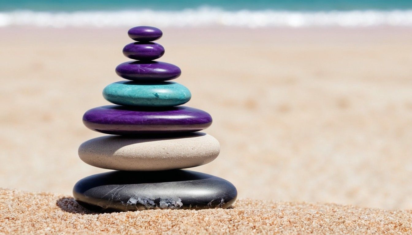 Zen stones stacked on sandy beach with violet stones, near turquoise sea